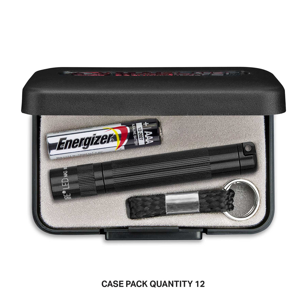 Open foam case displaying Solitaire LED key chain flashlight with Energizer battery and braided cord accessory.