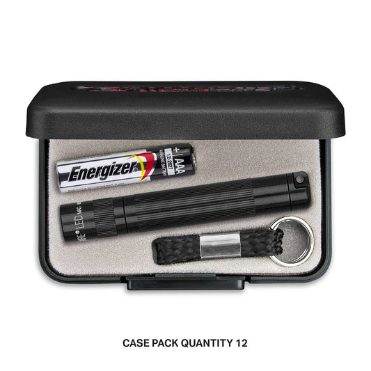 Open foam case displaying Solitaire LED key chain flashlight with Energizer battery and braided cord accessory.