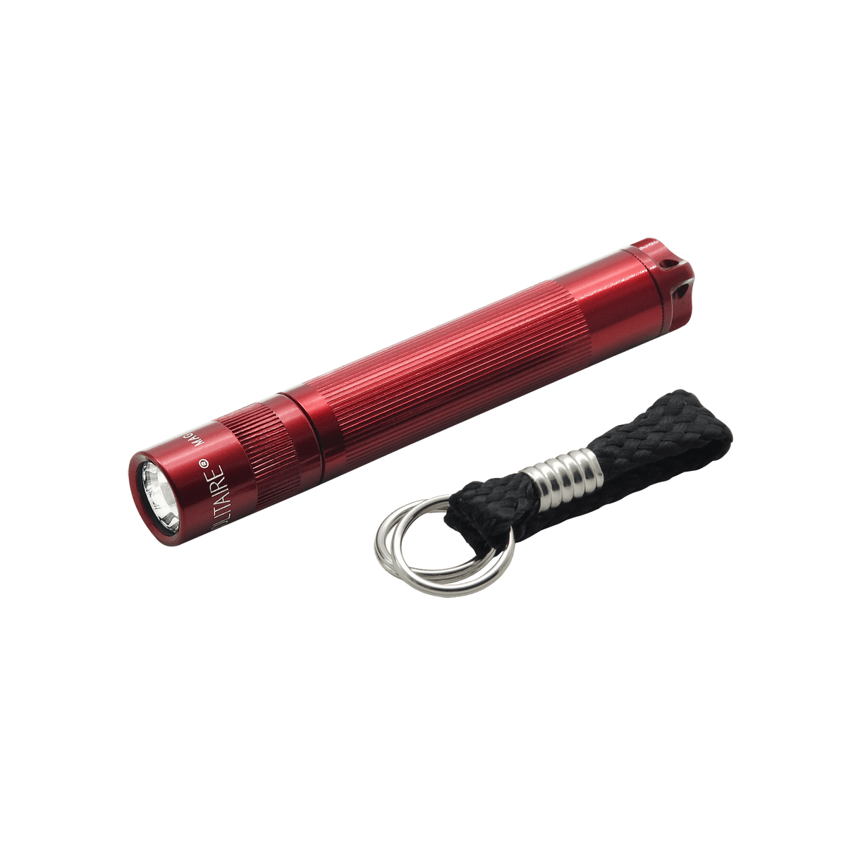 Red Solitaire LED keychain flashlight with knurled body and braided lanyard.