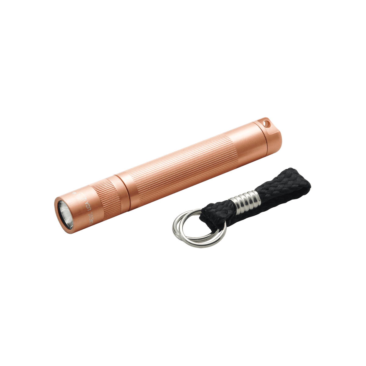 Copper colored Solitaire LED keychain flashlight with knurled body and braided lanyard.