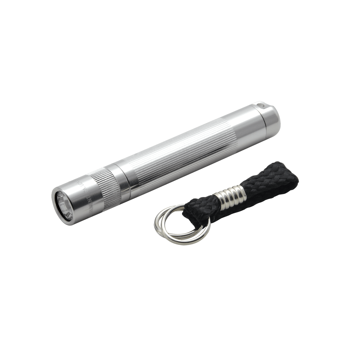 Solitaire LED key chain flashlight in silver metal with knurled grip and braided rope lanyard