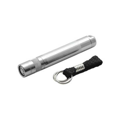 Solitaire LED key chain flashlight in silver metal with knurled grip and braided rope lanyard