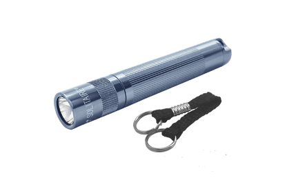 Blue Maglite Solitaire incandescent 1 AAA flashlight with a black braided lanyard and metal ring