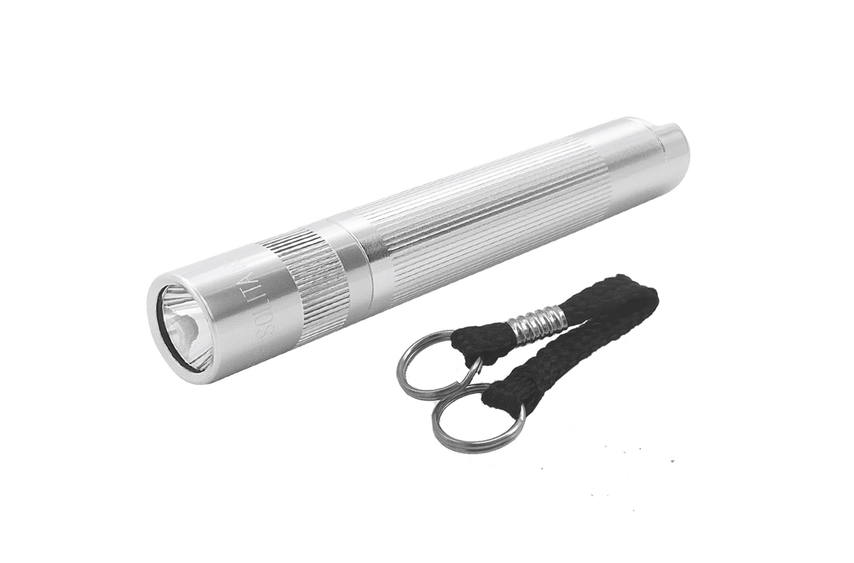 Silver Maglite Solitaire incandescent 1 AAA flashlight with braided lanyard and key ring
