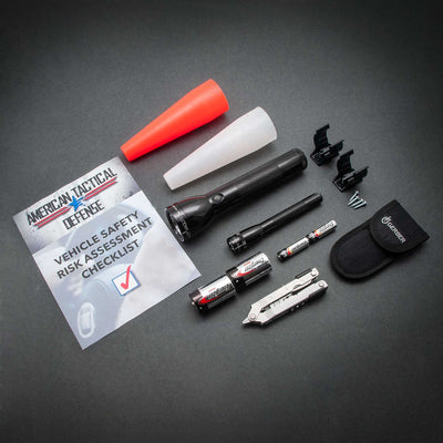 A Mini Maglite PRO 2 AA-Cell LED Flashlight and 2 AA-Cell batteries, a Maglite ML300L 2 D-Cell LED Roadside Safety Kit which includes the ML300L 2 D-Cell LED Flashlight, a red traffic light wand, a white area light wand, D-Cell mounting brackets and 2 D-Cell batteries, A Gerber Multi-Tool with carrying case. The bundle also includes a free Vehicle Safety Risk Assessment Checklist published by American Tactical Defense. 