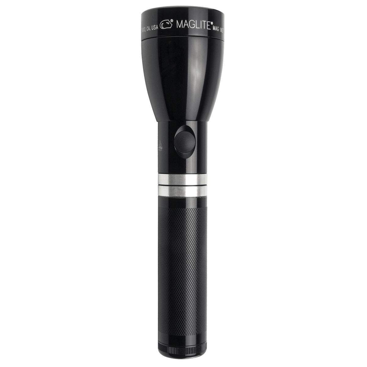 Close up of Maglite ML150LRS flashlight head and grip against a white background