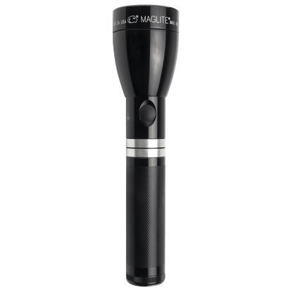 Close up of Maglite ML150LRS flashlight head and grip against a white background