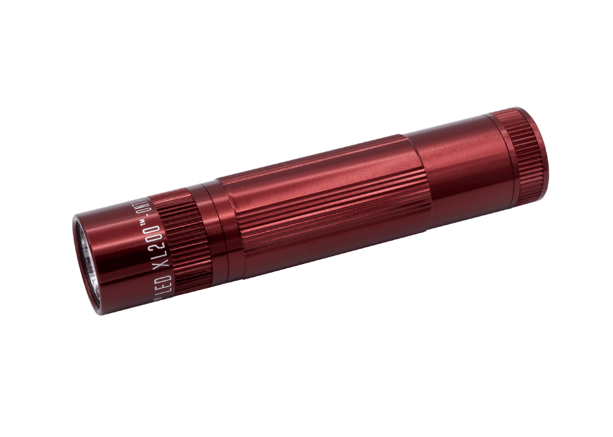 Diagonal view of a red Maglite XL200 LED flashlight with knurled body