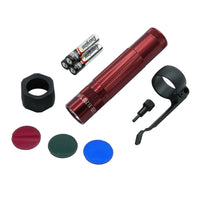 Red XL200 LED tactical flashlight with AA batteries and colored lens caps and mounting hardware.