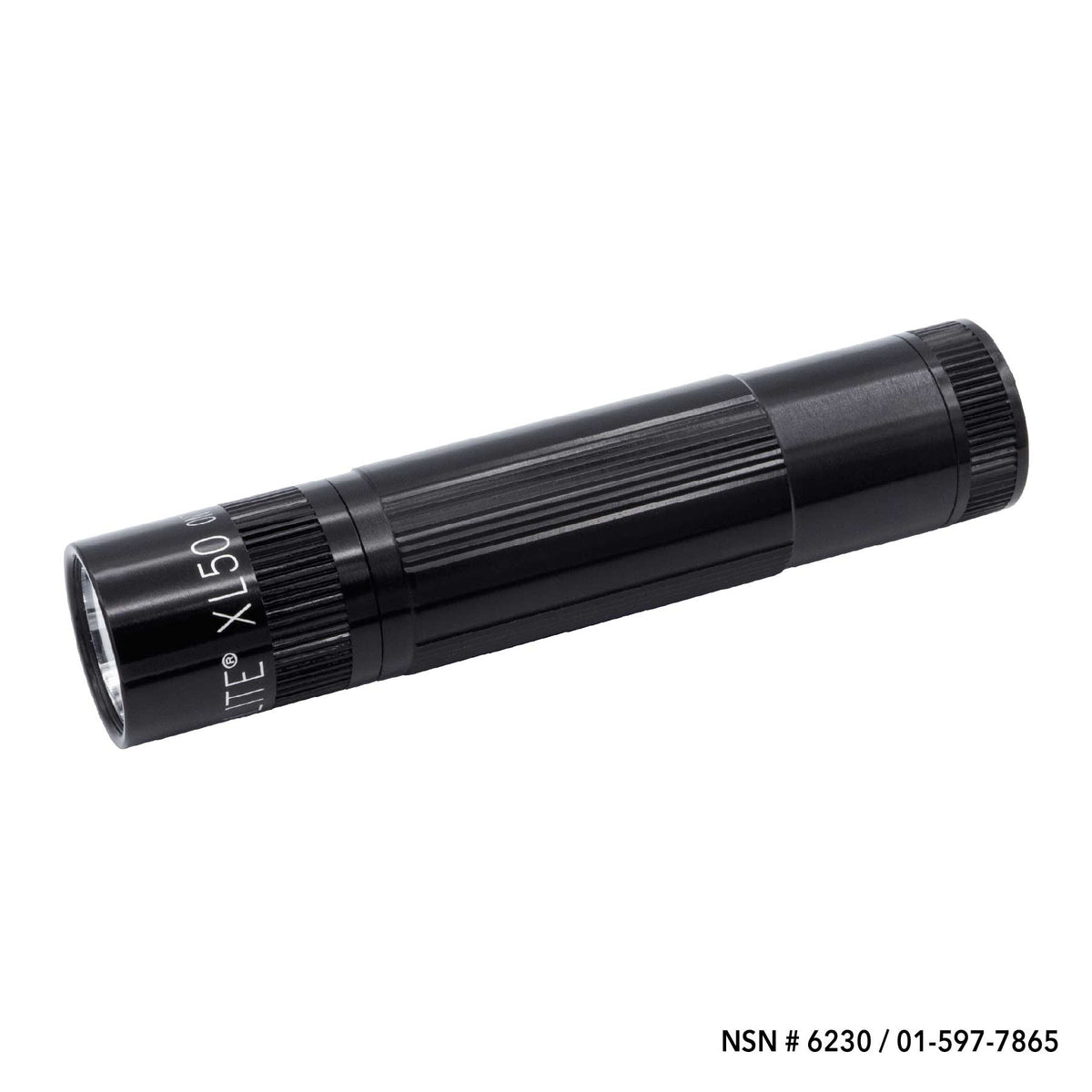 Close up of black XL50 LED flashlight body with knurled grip