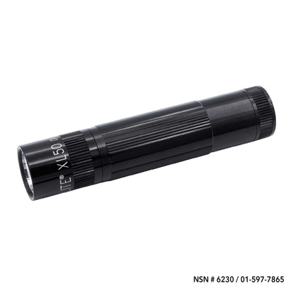 Close up of black XL50 LED flashlight body with knurled grip
