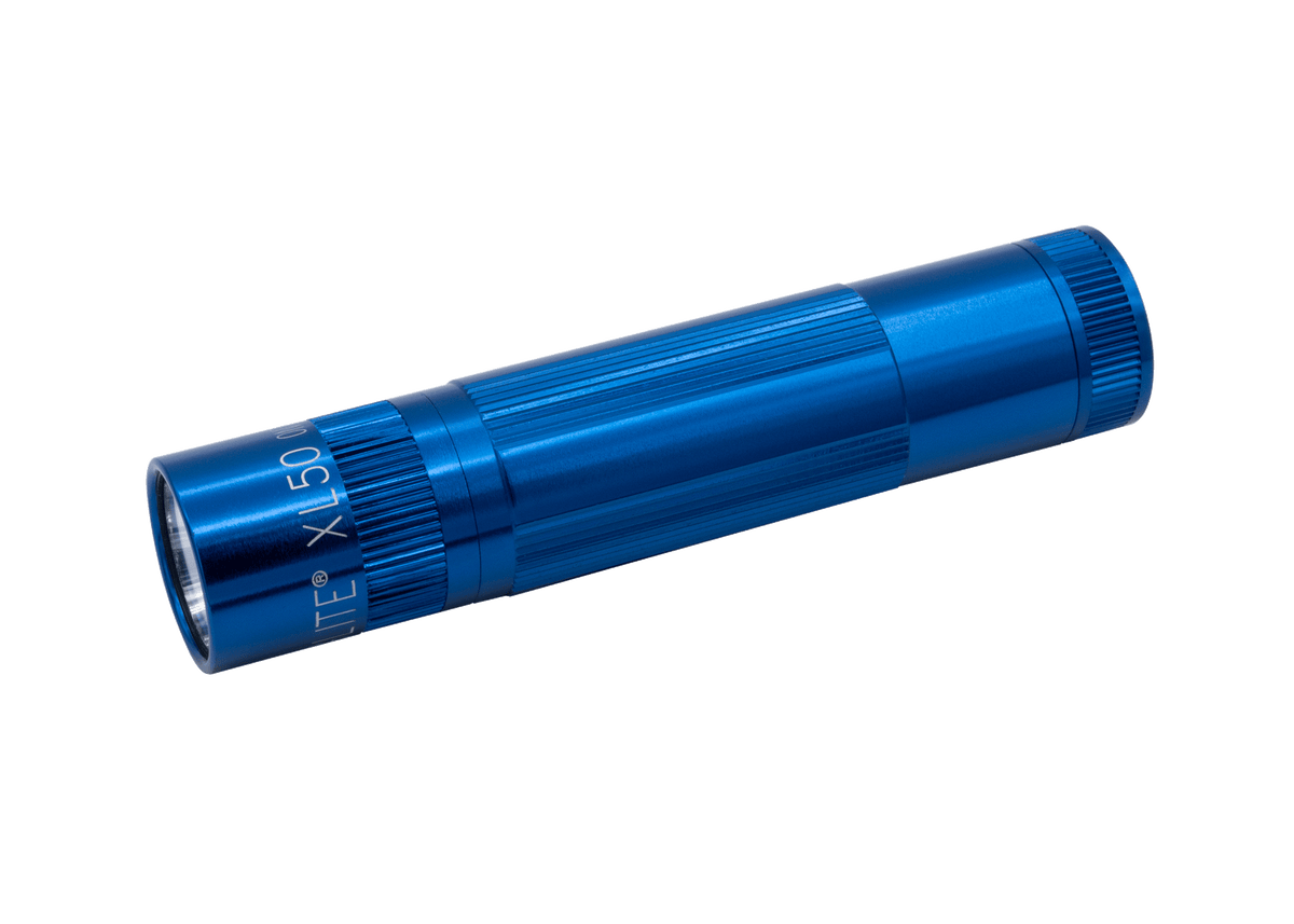 Blue Maglite XL50 LED flashlight with knurled grip and end cap against a black background