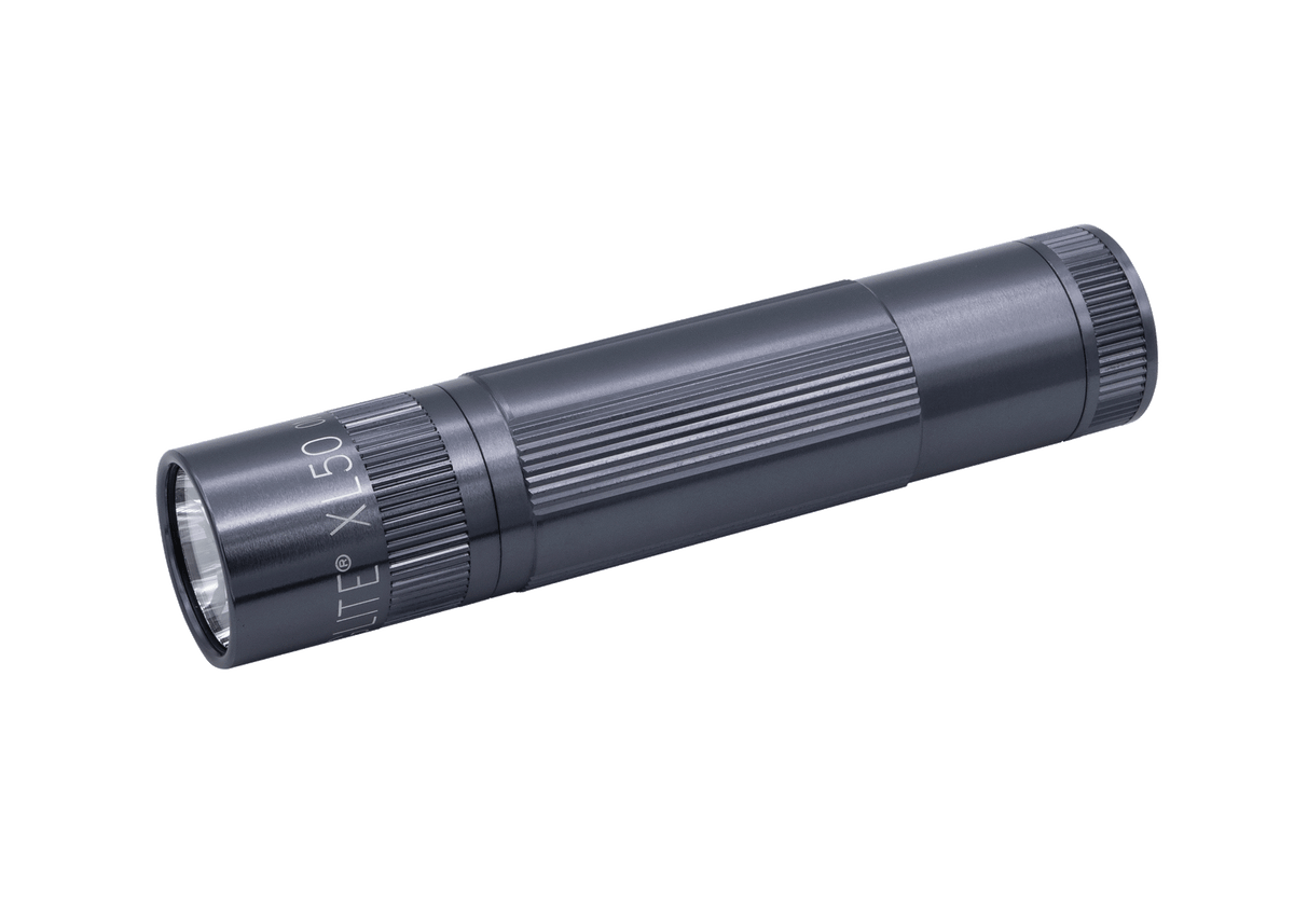 Maglite XL50 LED 3-Cell AAA flashlight close-up showing knurled grip and lens