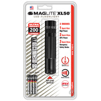 Maglite XL50 LED flashlight blister pack with black body showing 200 lumens and three modes
