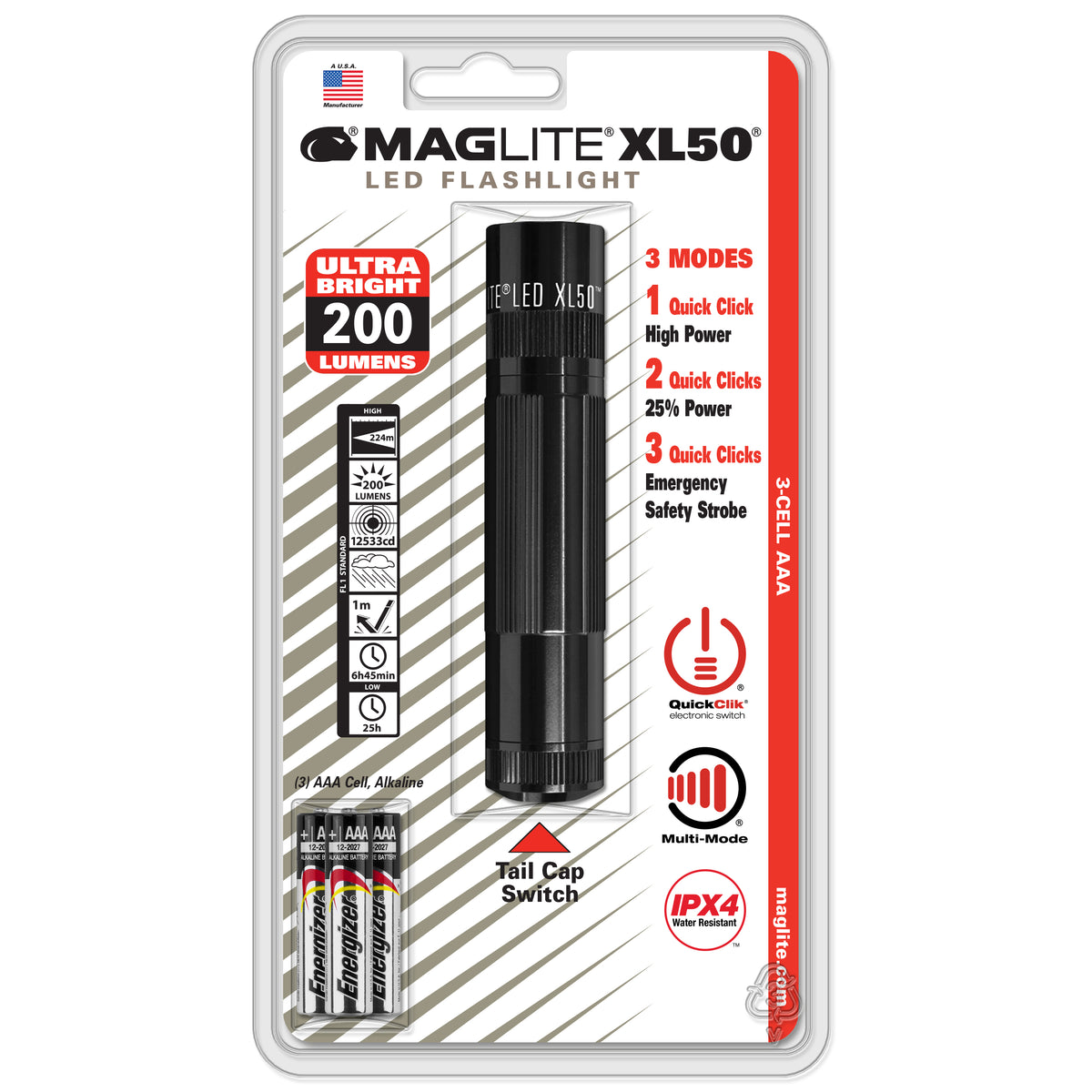 Maglite XL50 LED flashlight blister pack showing a black flashlight and 200 lumens label