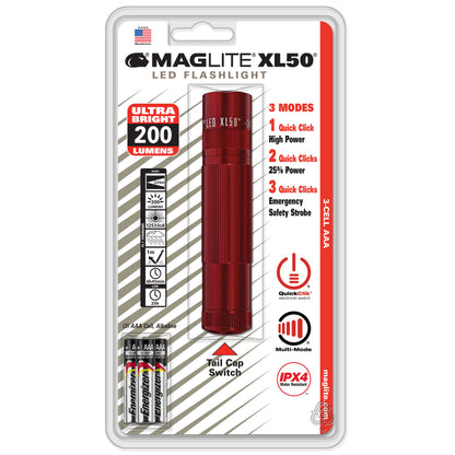 Maglite XL50 LED flashlight blister pack with red body showing 200 lumens and three modes