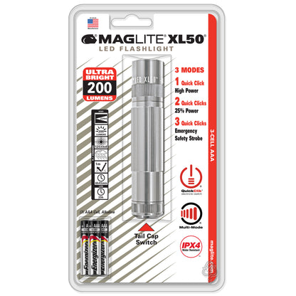 Maglite XL50 LED flashlight blister pack featuring a silver flashlight and 200 lumens label