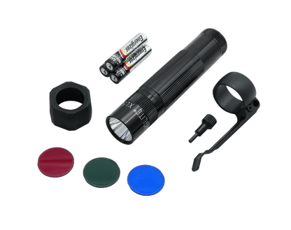 XL50 LED Tactical Pack components including battery pack and lens with colored caps on a black background