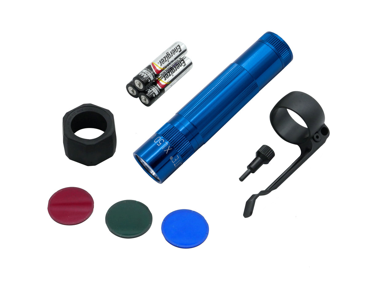 Blue XL50 LED tactical flashlight with batteries and mounting ring