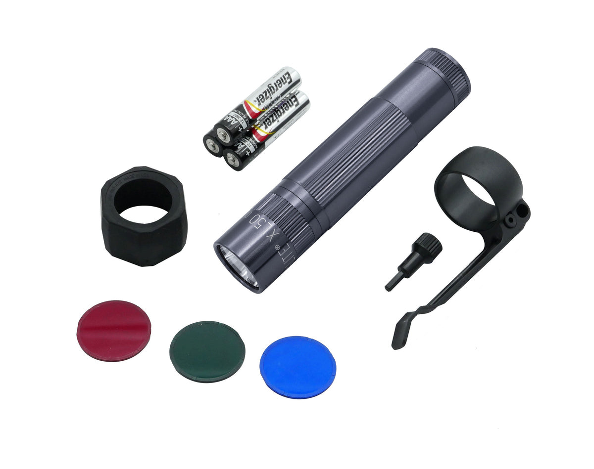 Gray blue XL50 LED Tactical flashlight blister pack with batteries and assorted color caps