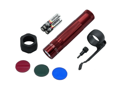 Red XL50 LED Tactical flashlight with blister pack showing batteries and accessories