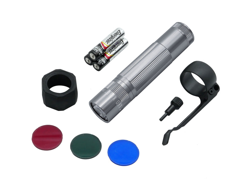 Maglite XL50 LED Pocket Flashlight withIncludes Anti Roll / Lens holder, Colored Lens set, Red, Green, & Blue, Pocket Clip, and Pocket Clip Tool. (3) Premium Alkaline Batteries.