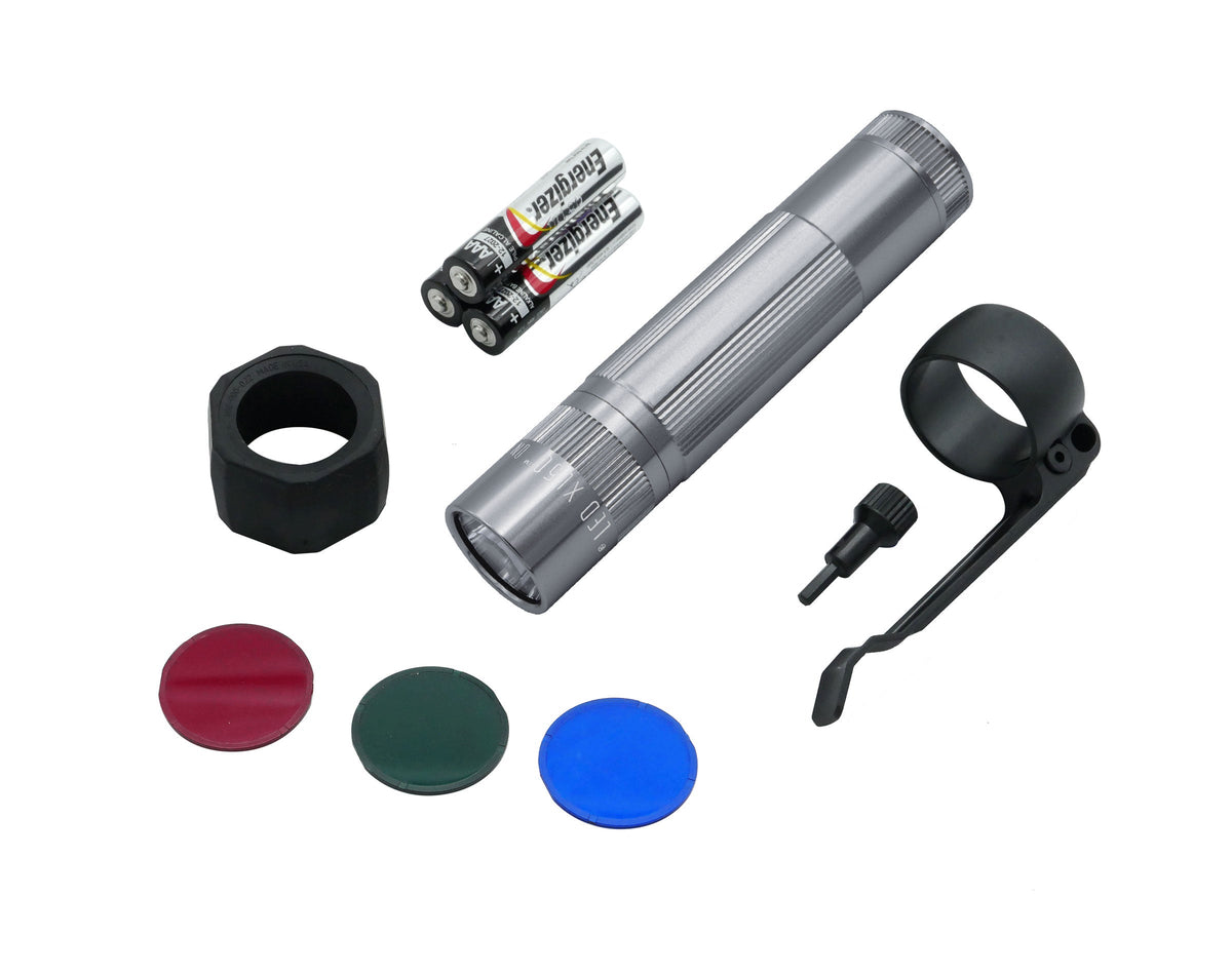 XL50 LED tactical flashlight disassembled with three AA batteries and red green and blue lens caps