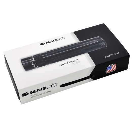 Maglite XL50 LED presentation box lid showing flashlight image and brand logo