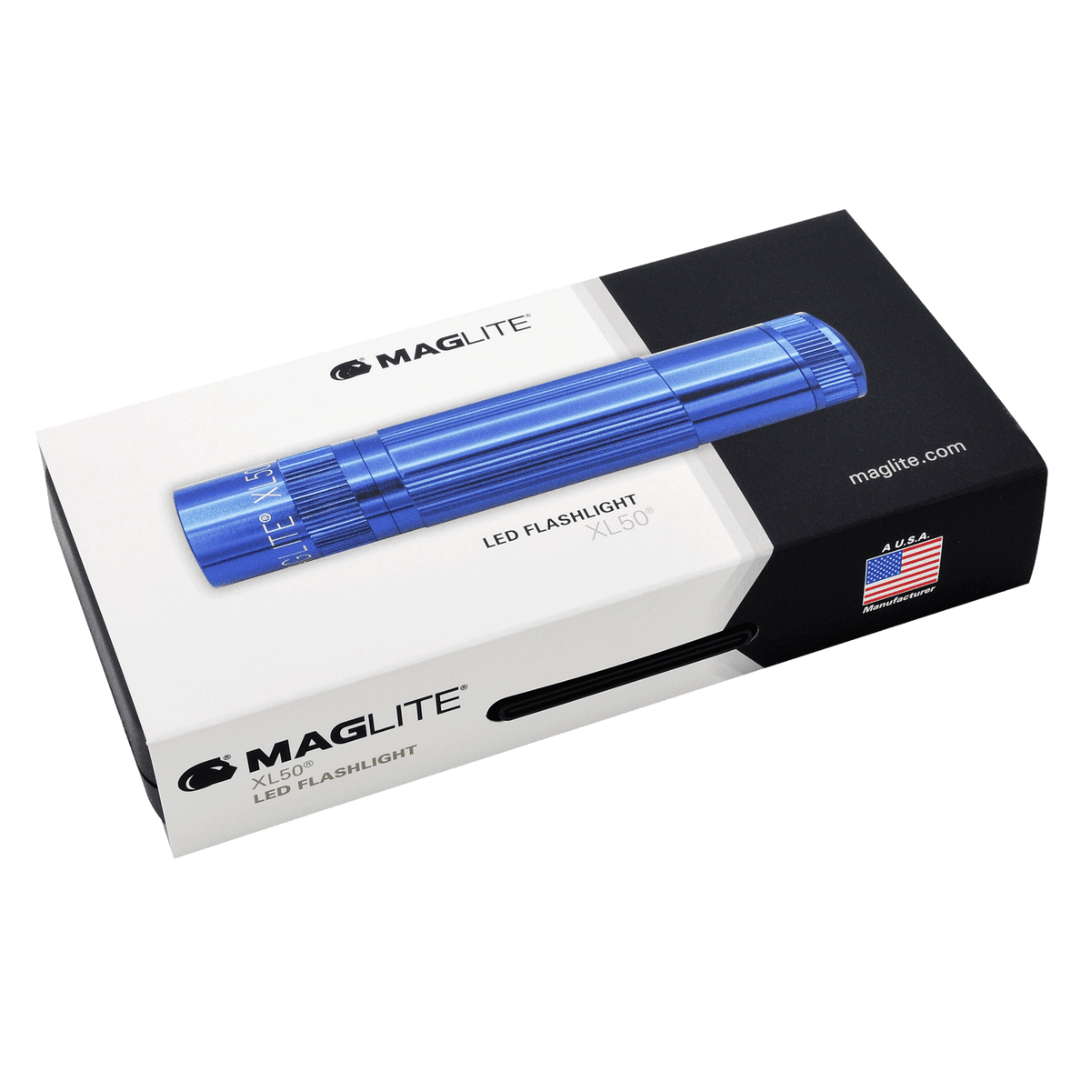 Blue Maglite XL50 LED flashlight resting on its white and black Maglite packaging box with logo