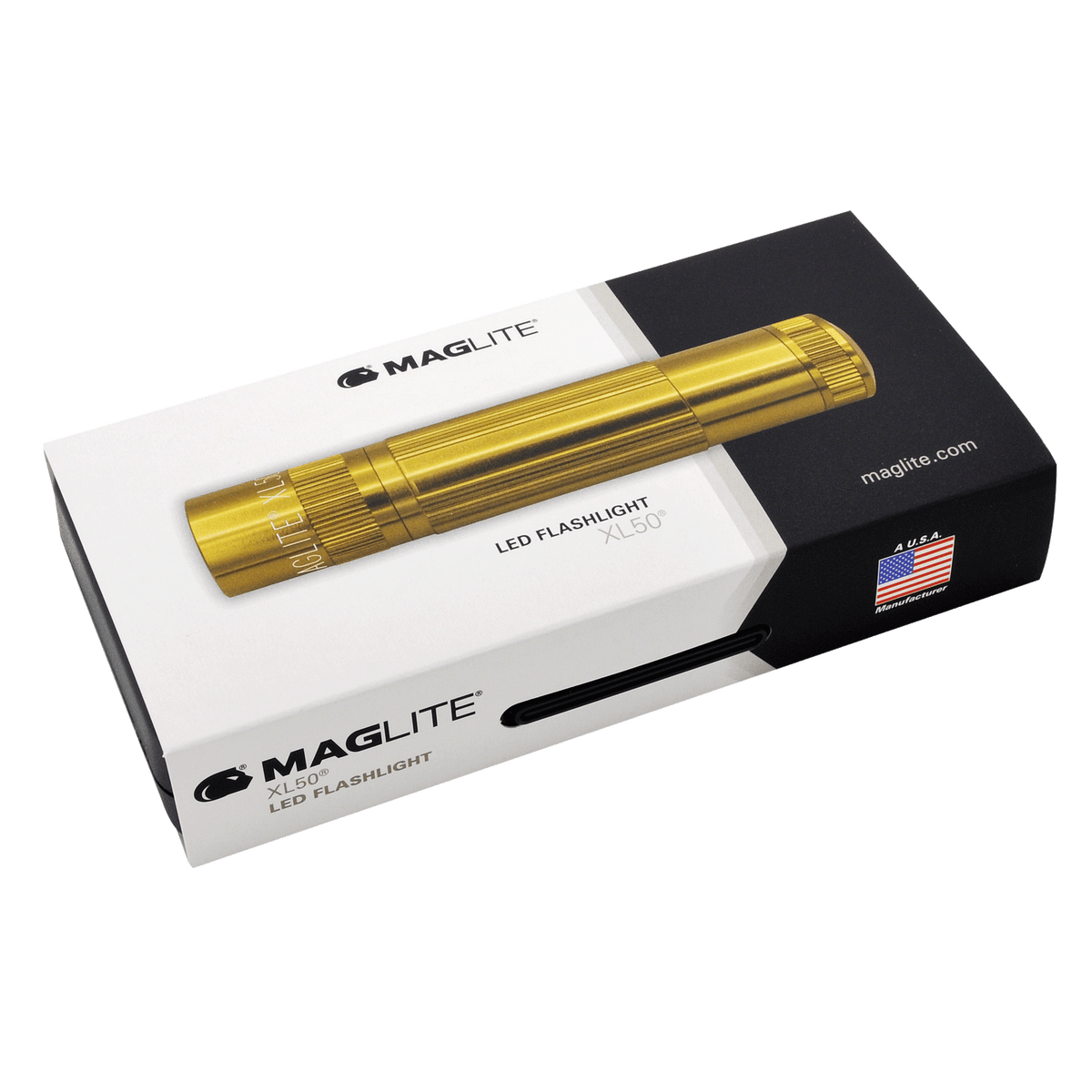 Gold Maglite XL50 LED flashlight resting on its white and black presentation box