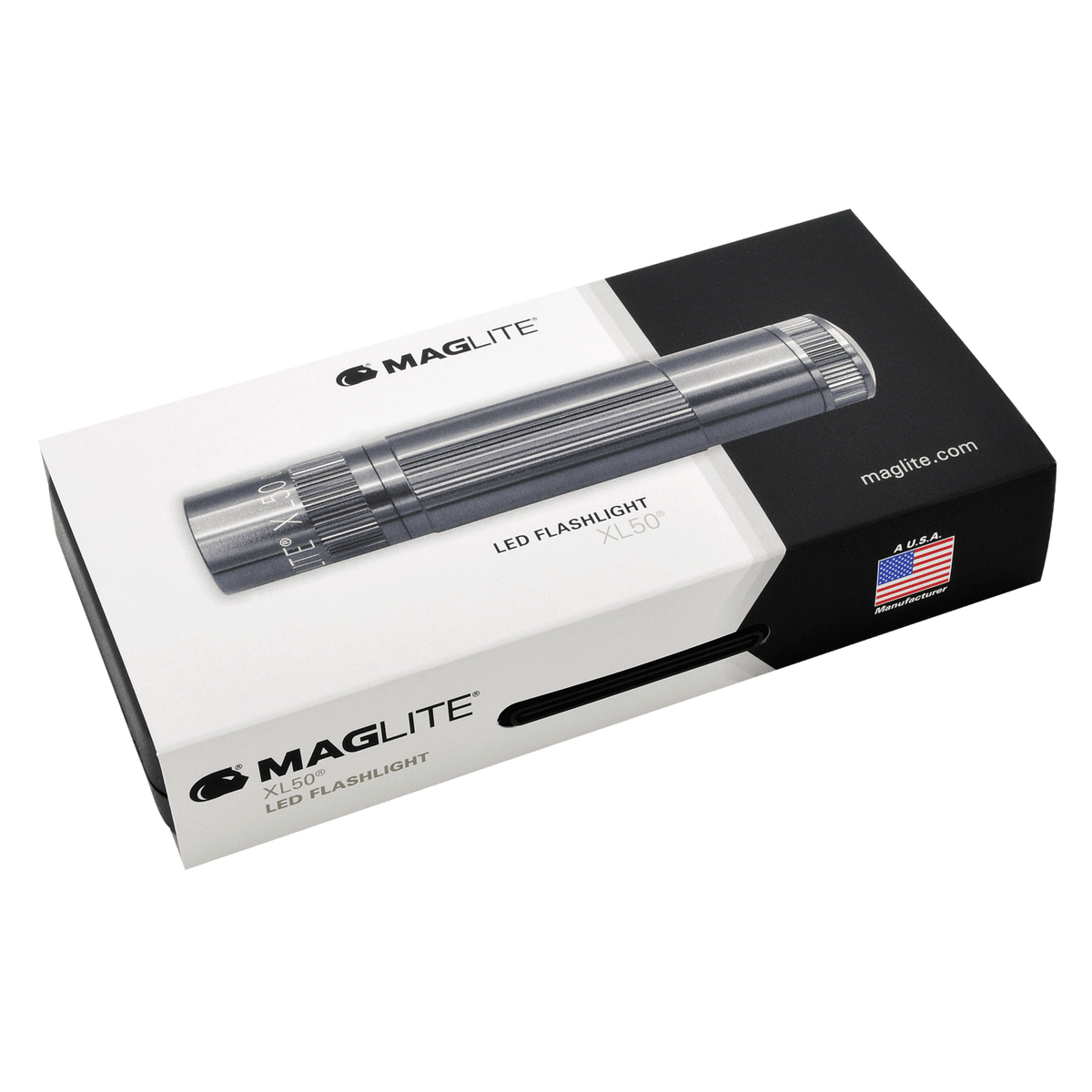 Angled view of Maglite XL50 LED flashlight on its packaging box with logo and US flag graphic