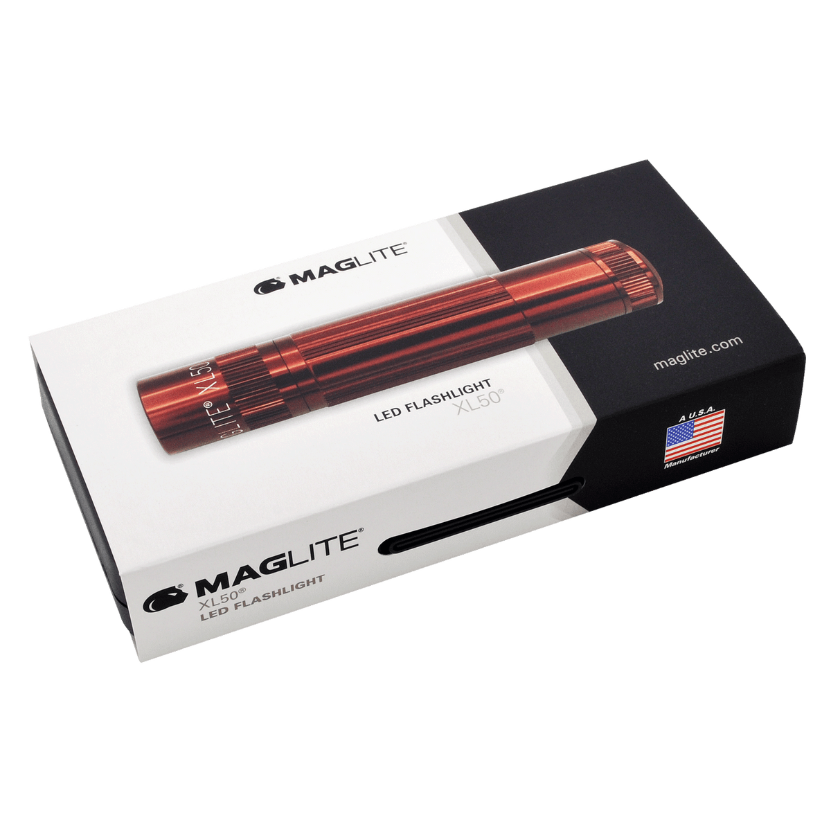 Copper red Maglite XL50 LED flashlight displayed on its presentation box
