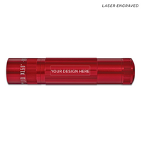 Red XL50 LED three cell AAA flashlight on a white background with a laser engraved label