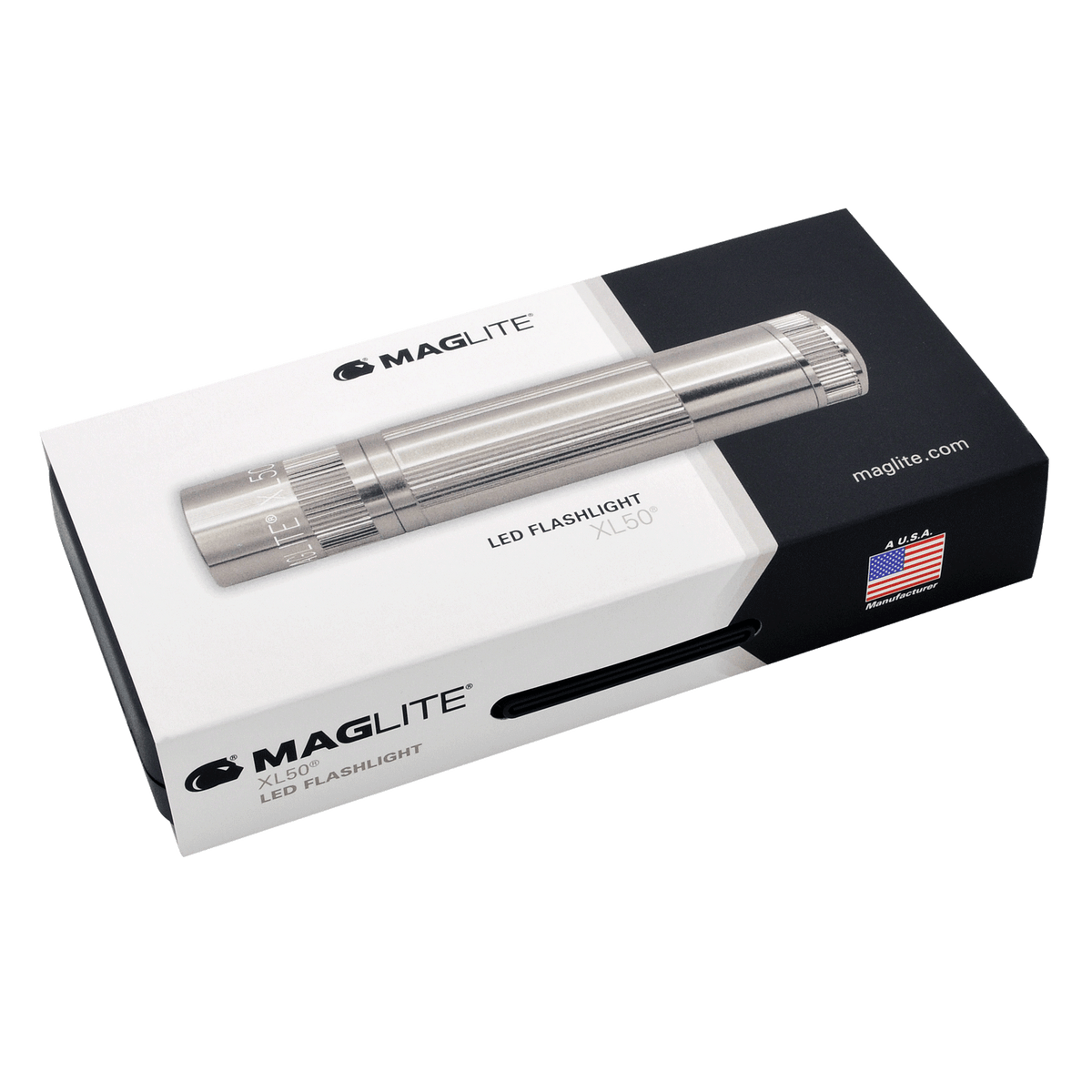 Maglite XL50 LED flashlight displayed on white and black packaging with Maglite logo