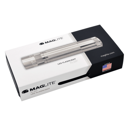 Maglite XL50 LED flashlight displayed on white and black packaging with Maglite logo