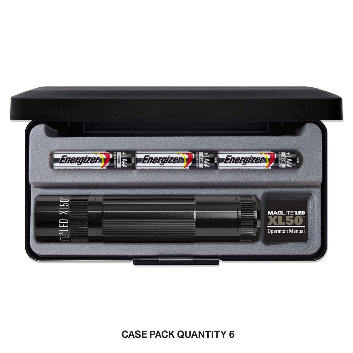 Open case shows Maglite XL50 LED flashlight with six Energizer AA batteries