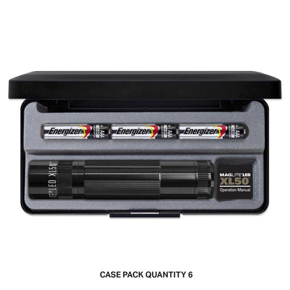 Open case shows Maglite XL50 LED flashlight with six Energizer AA batteries