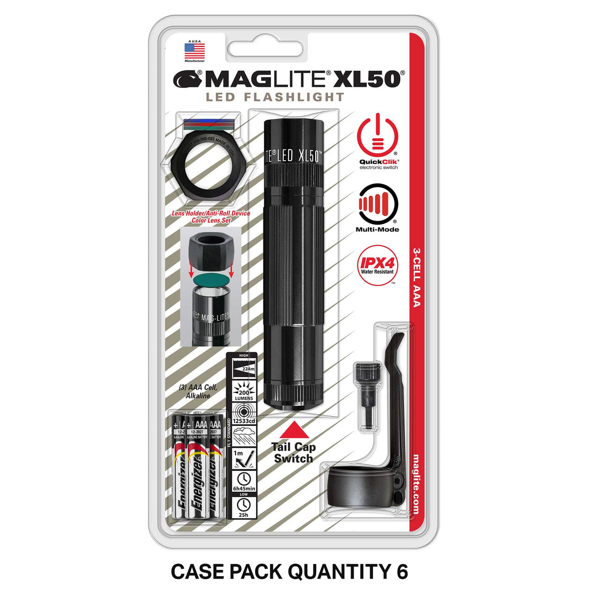 Maglite XL50 LED tactical flashlight blister pack with three AAA cells and accessories
