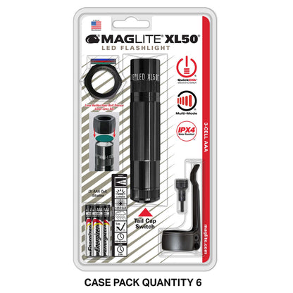 Maglite XL50 LED tactical flashlight blister pack with three AAA cells and accessories