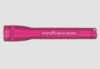 Pink Mini Maglite Xenon 2AA flashlight in profile with world's best mom printed on the body