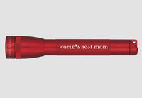 Red Mini Maglite Xenon 2AA flashlight with World's Best Mom printed on the body