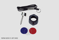 Accessory pack for Mini Maglite AA including a lanyard, metal tip, ring, and blue red and white filter discs