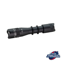 Close up of black MAG-TAC Ontario flashlight with crown bezel and NT0A badge in the corner