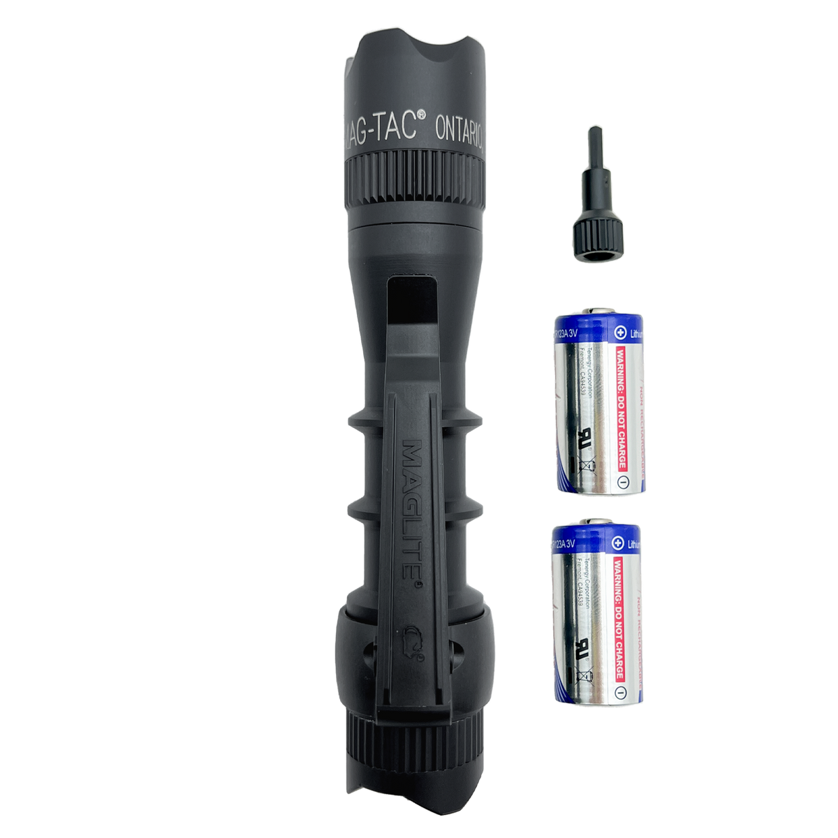MAG-TAC 2 TM Black Crown Bezel flashlight with two spare batteries and a small accessory
