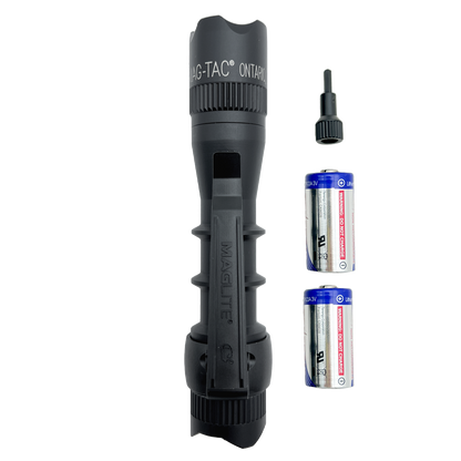 MAG-TAC 2 TM Black Crown Bezel flashlight with two spare batteries and a small accessory