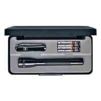 Open view of a compact case showing a black pocketknife and two Energizer AA batteries