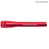 Red Mini Maglite Pro LED flashlight with a laser engraving panel for customization