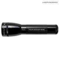 Maglite ML25LT LED 2-Cell C flashlight in black with a laser engraved YOUR DESIGN HERE label on the body