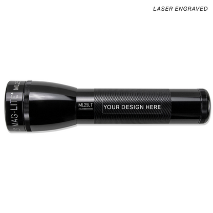 Maglite ML25LT LED 2-Cell C flashlight in black with a laser engraved YOUR DESIGN HERE label on the body