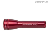 Red Maglite ML25LT 2-Cell C flashlight with a design area placeholder on the body
